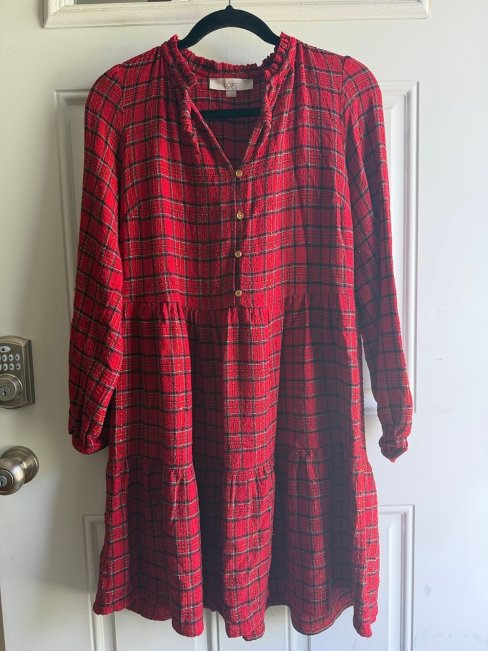 LOFT Red Plaid Ruffled-Neck Button-Front Dress